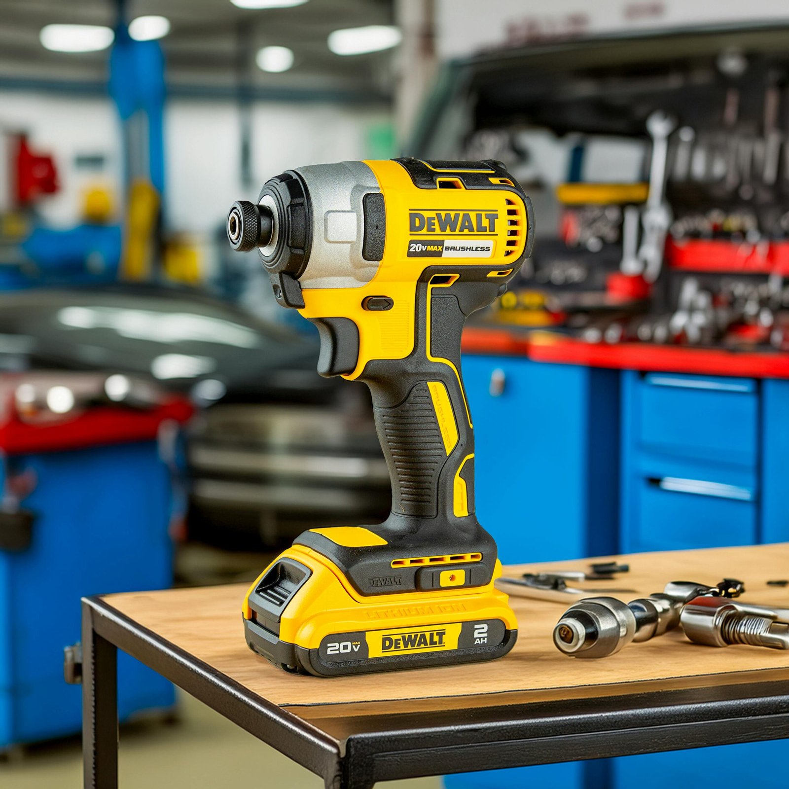 A DeWalt power drill in a well-equipped automotive workshop setting, ready for use.